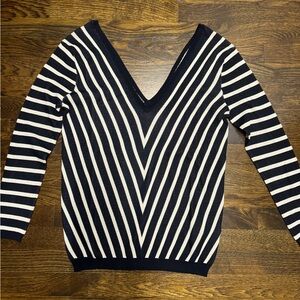 Zara Deep V-neck Striped Sweater in Navy, Size: S